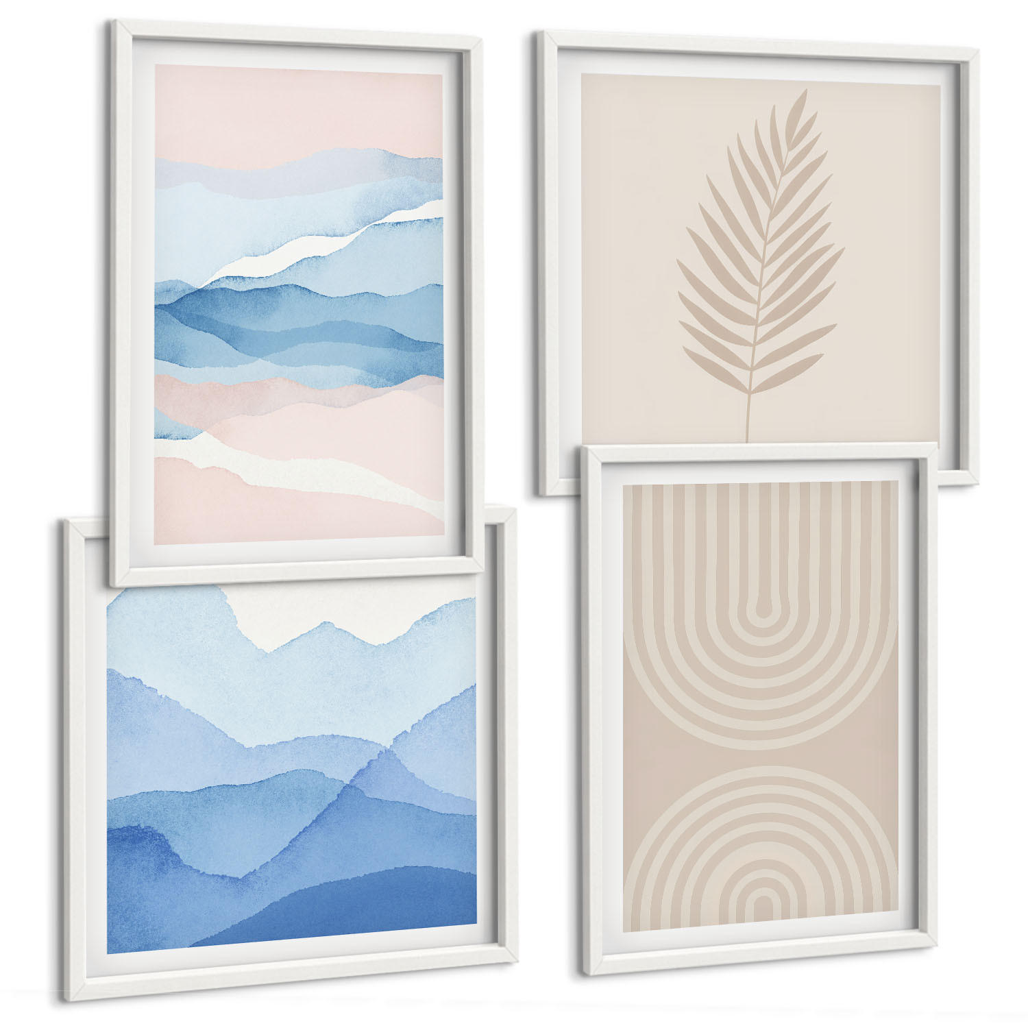 BILDER SET 4er Set - 50x50 cm & 40x60 cm Weißer Rahmen - Blätterwellen beige blau - Weiß, Kunststoff (50/50cm) - TULUP