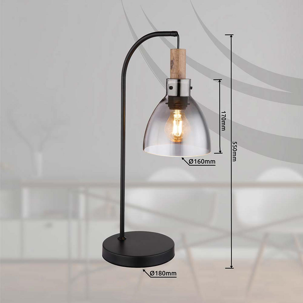 2X TISCHLEUCHTE Metall Schwarz Glas Rauchfarbe Holzoptik - Schwarz, Glas (25/18/55cm) - Globo Lighting