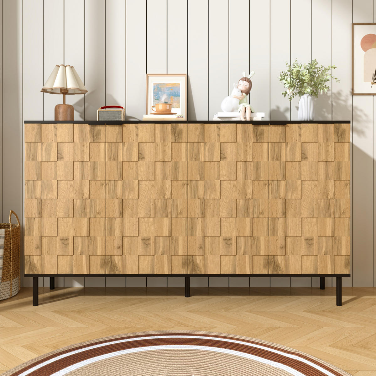 BOČNÍ skříň 160/35/80,5 cm přírodní a černá z dřevotřísky s mramorovým dveřním designem - přírodní, kompozitní dřevo (160/80/35cm) - OKWISH