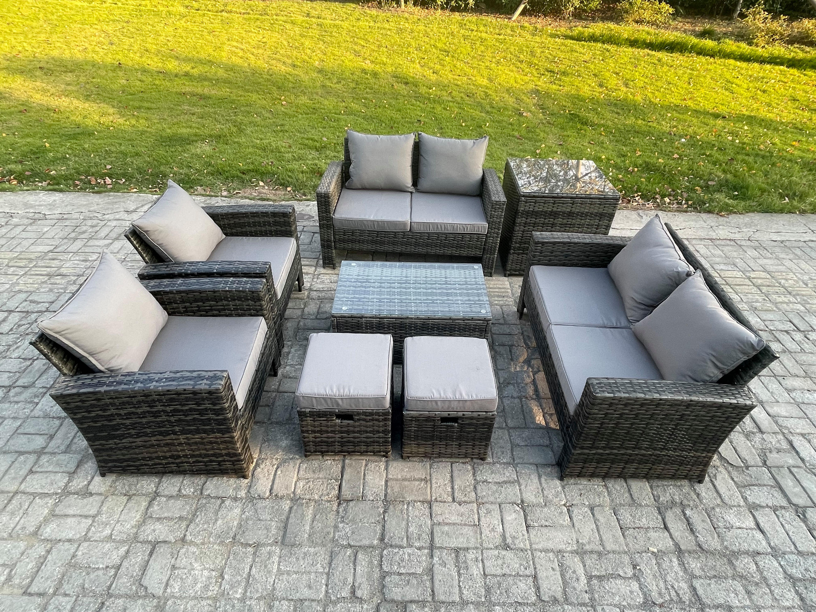 GARTENMÖBEL-SET mit Kissen Polyrattan Dunkelgrau 8-Sitzer - Dunkelgrau, Metall - Fimous