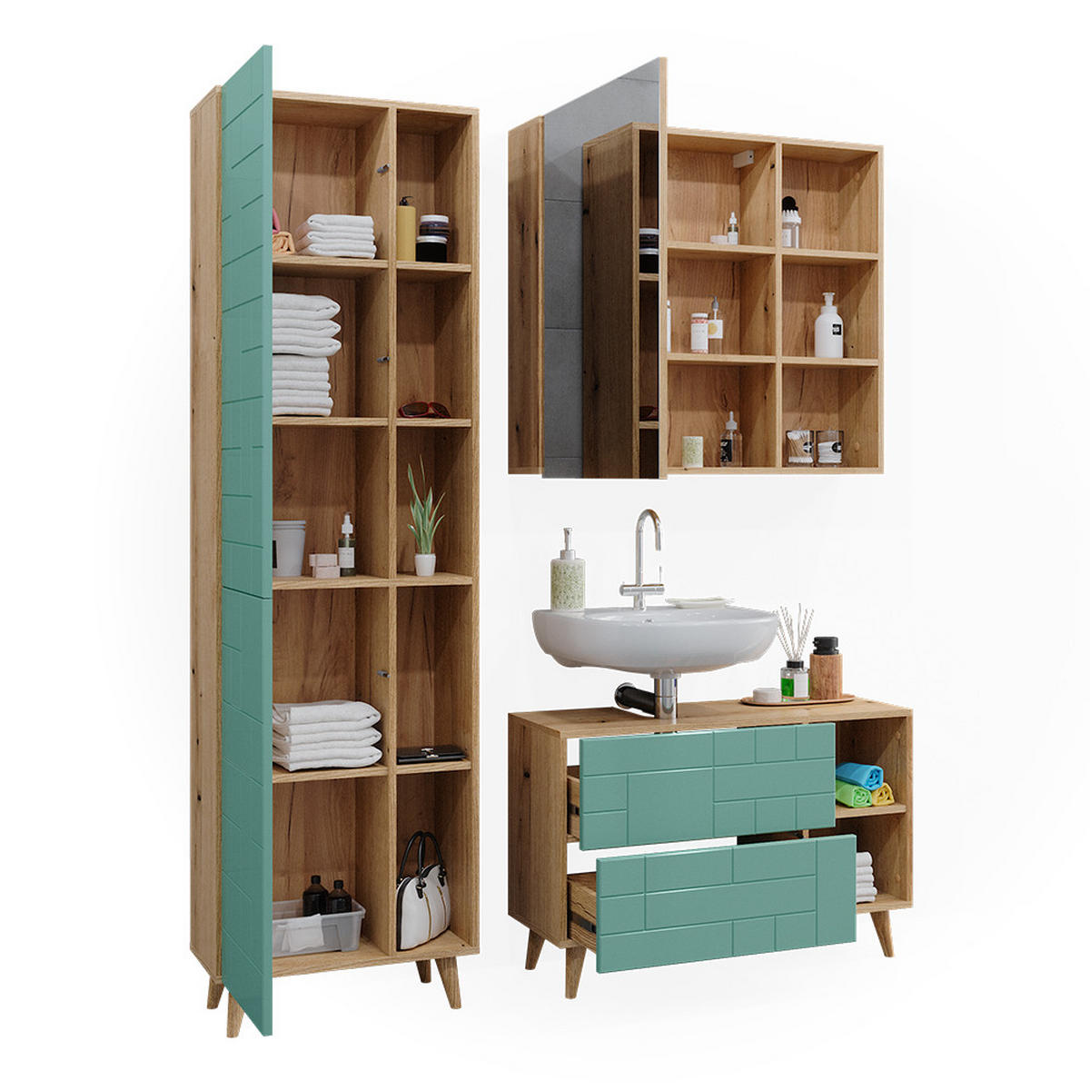 BADMÖBEL-SET Rudi Mintgrün 3 Teile, mit Hochschrank - Eichefarben/Mintgrün, Holzwerkstoff (90/59/32cm) - Vicco