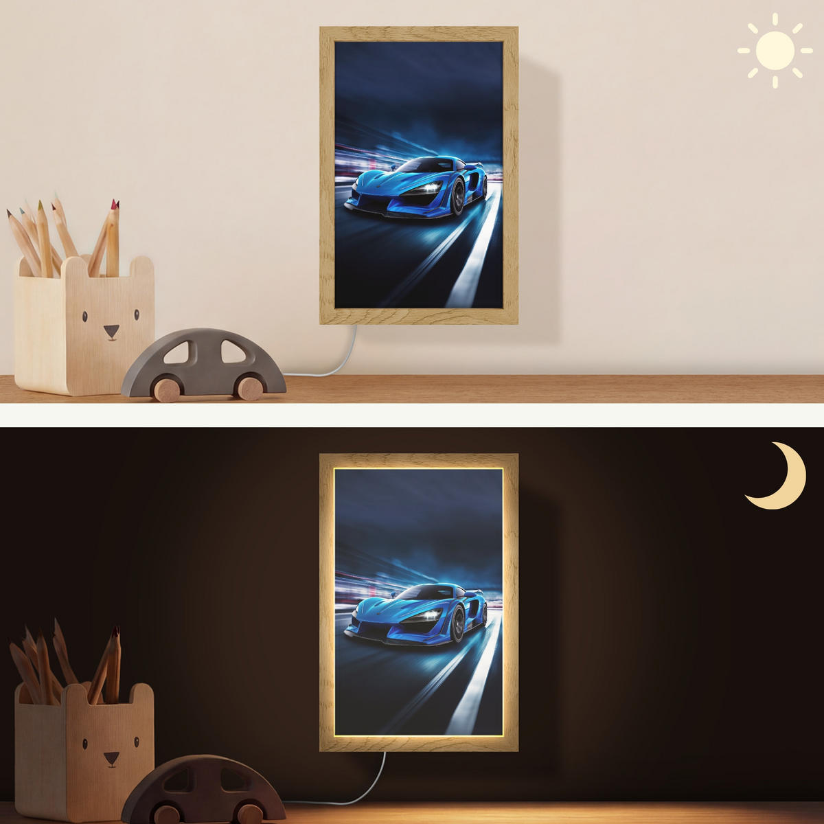 NÁSTĚNNÁ LAMPA Auto - Modrá - Chlapci - Dítě 20x30 cm - modrá, kompozitní dřevo (20/30/8cm) - OnlyWow