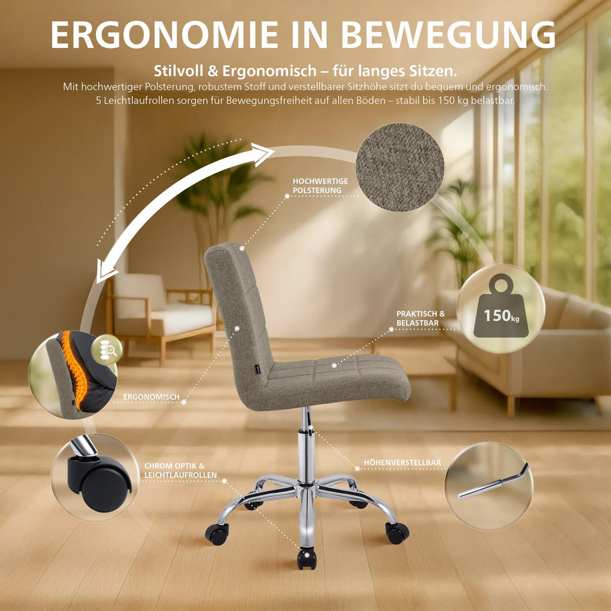 DREHSTUHL Stoff Taupe - Taupe/Chromfarben, Textil/Metall (47/93/56cm) - CLP