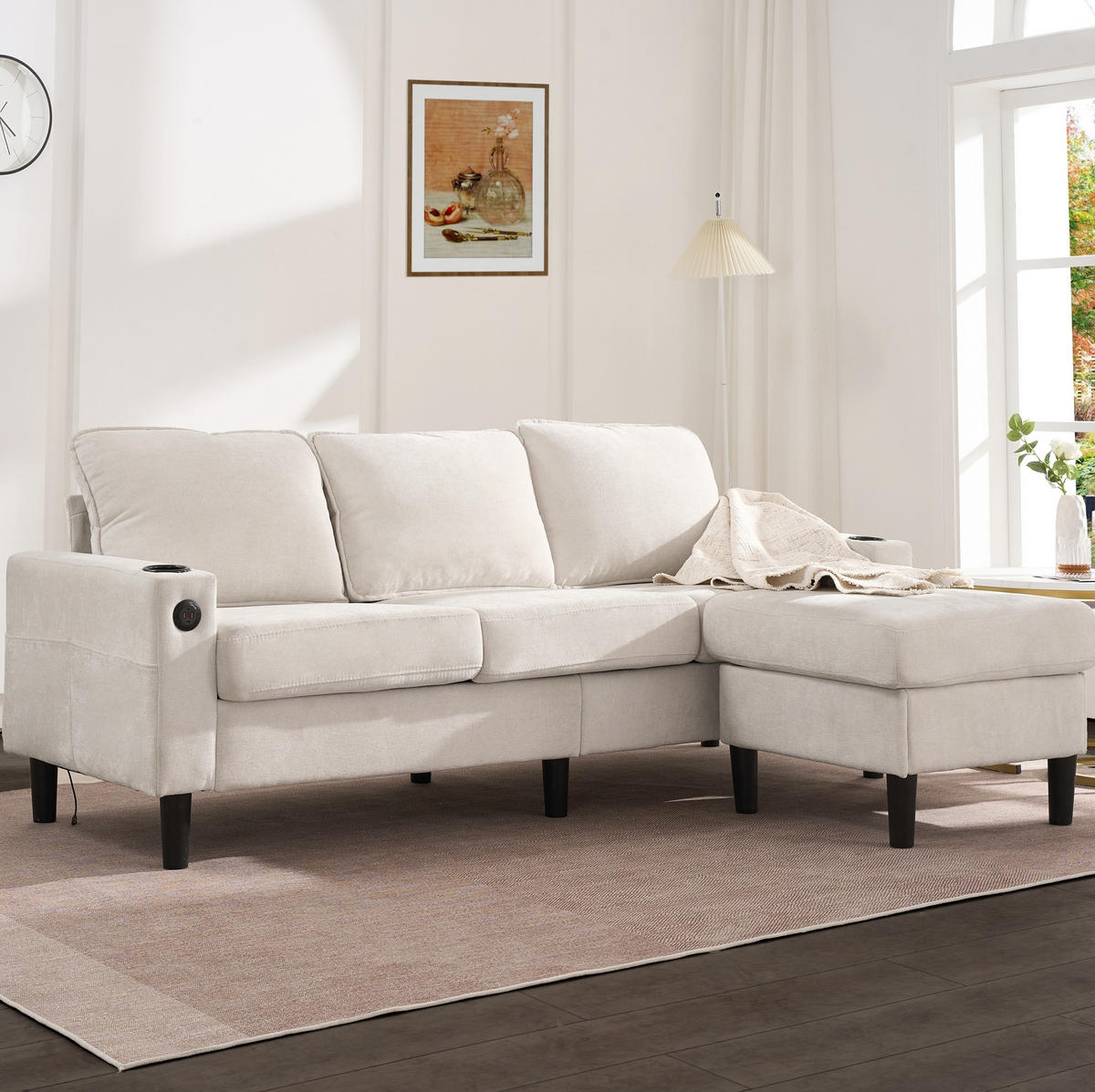 SOFA mit USB und Typ-C 202x137 cm Beige - Beige, Kunststoff (137/202cm) - Meubliv