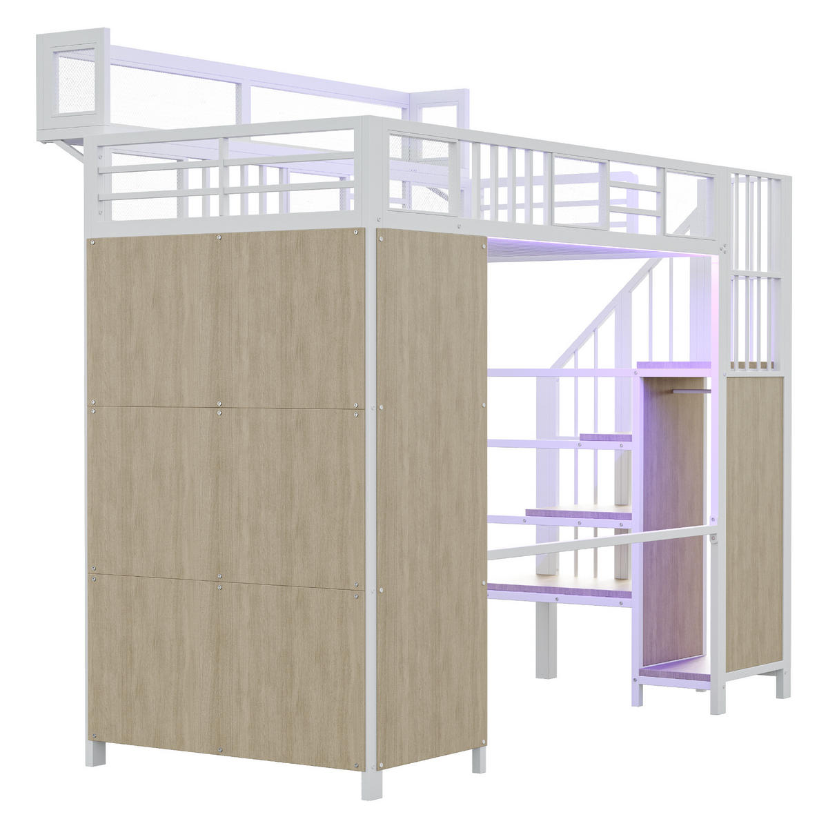 HOCHBETT 90/200 cm Weiß mit Kleiderschrank mit LED-Beleuchtung Metall Holz - Weiß, Metall (90/200cm) - OKWISH