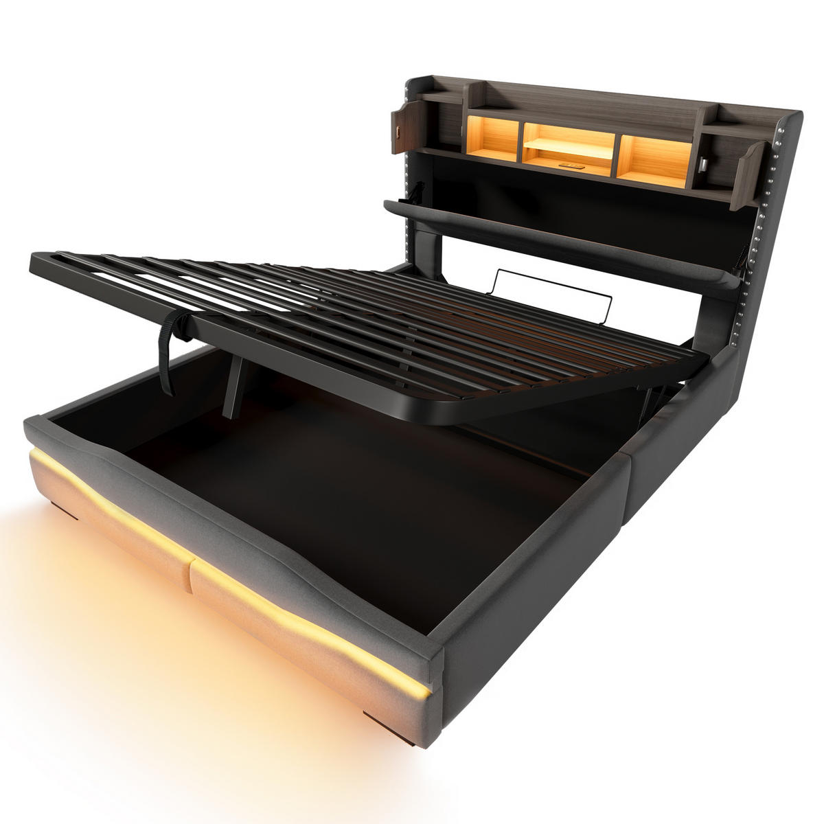 POLSTERBETT 160x200cm Grau USB-C LED-Licht Kopfteil Hydraulik - Grau, Holz (160/200cm) - FLIEKS