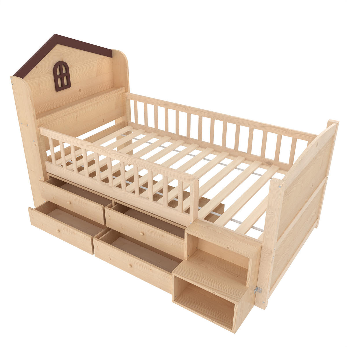 KINDERBETT 90/200 cm in Natur mit 4 Schubladen, LED und Regal - Naturfarben, Holz/Holzwerkstoff (90/200cm) - WISHDOR