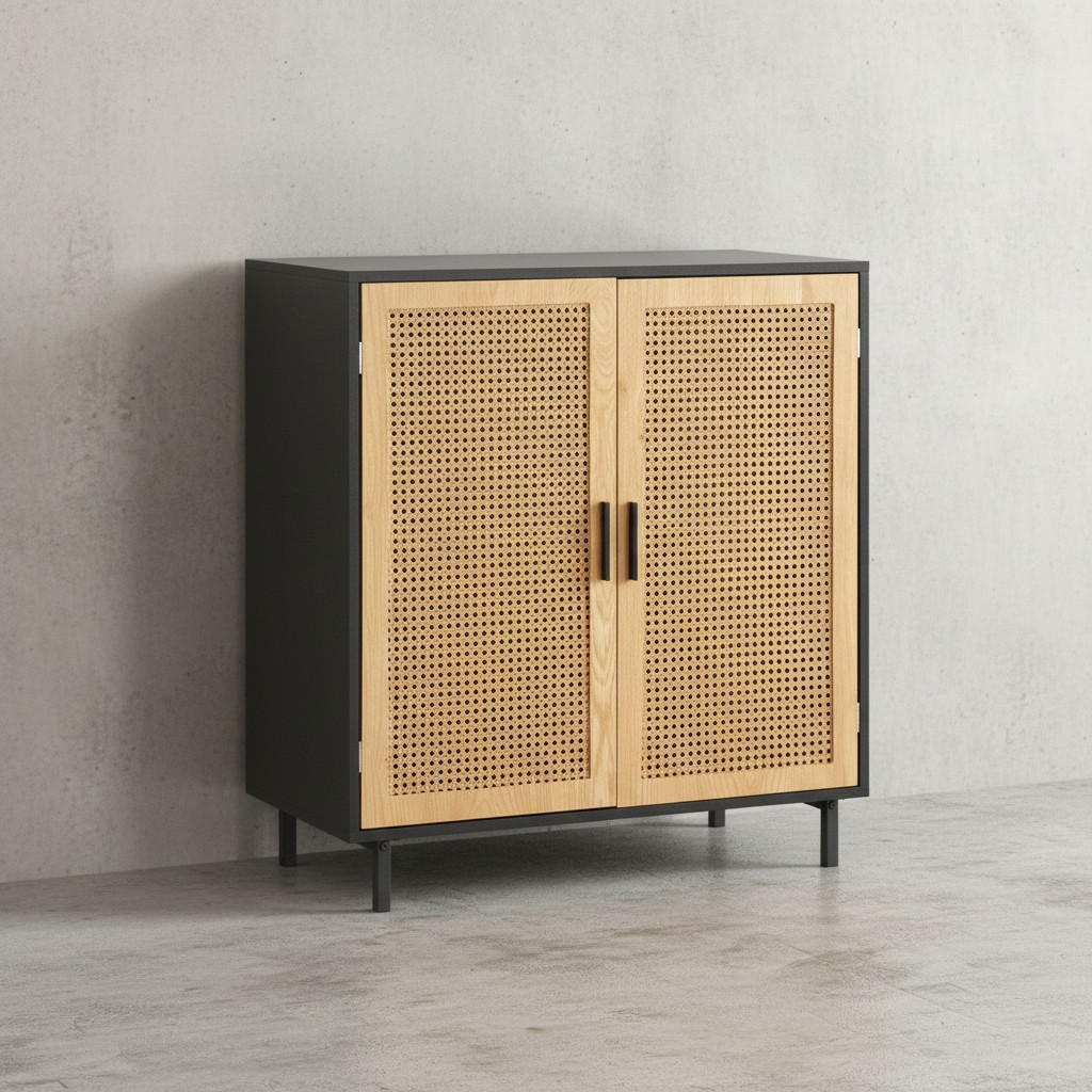 SIDEBOARD – Schwarz, 80x86,5x40 cm, mit Wiener Geflecht, 2 Türen, hoch - Schwarz, Holzwerkstoff/Metall (80/87/40cm) - KADIMA DESIGN