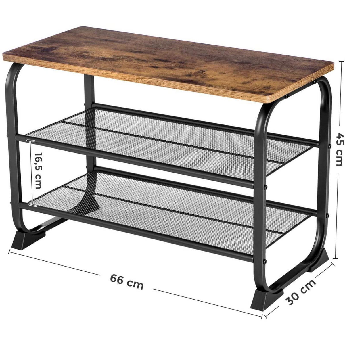 SCHUHBANK Metall Holzoptik Dunkelbraun Schwarz 3 Ebenen 66×30×45 cm - Dunkelbraun/Schwarz, Holzwerkstoff/Metall (30/45/66cm) - Begryf