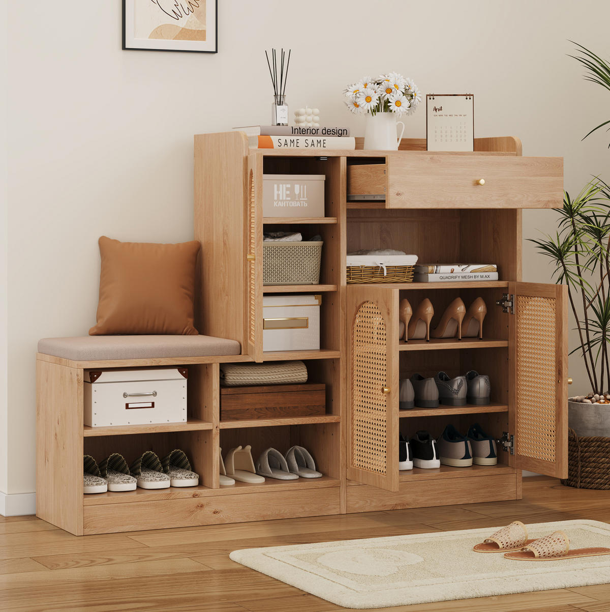 SCHUHSCHRANK 142/35/110 cm Natural aus Spanplatte mit Bank und Rattantüren - Naturfarben, Holzwerkstoff (142/110/35cm) - OKWISH
