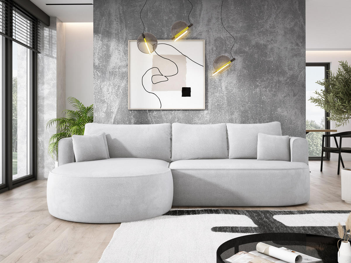 ECKSOFA FIORE-L Moderne Ausziehbare Schlaf-Funktion, automatischer Auffaltung, lose Rückenkissen freistehend LINKS 284x183x82 cm cm White - Weiß, Holz/Textil (183/284cm) - DomoHome