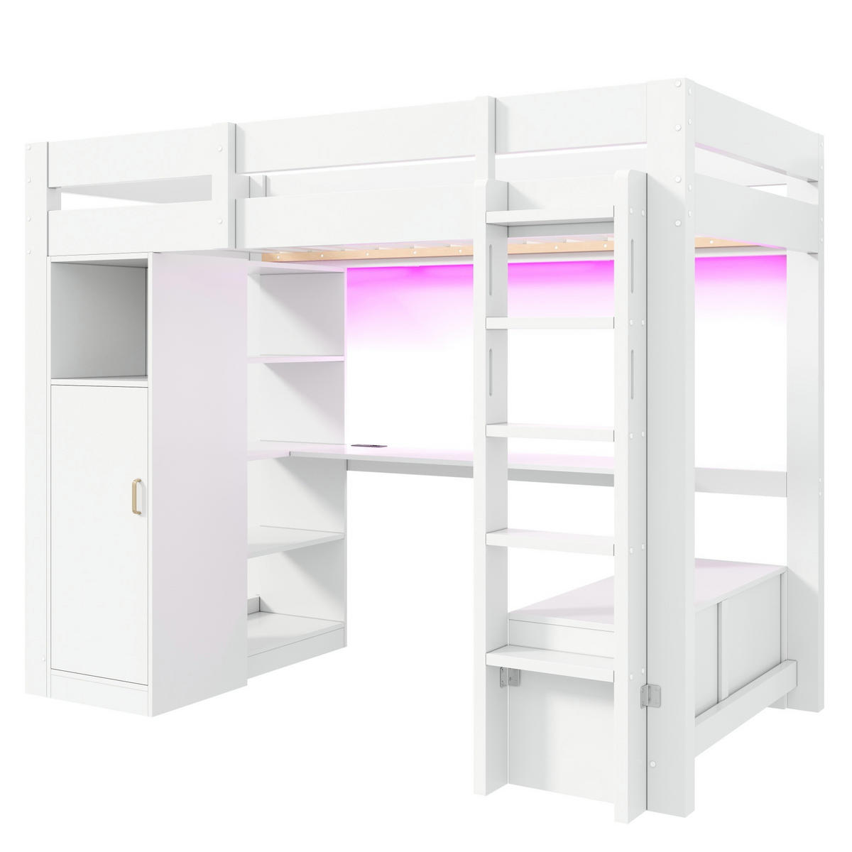 HOCHBETT weiß 90 × 200 cm aus Kiefernholz‑MDF mit Kleiderschrank, Regalen, Unterbettschreibtisch, LED‑Beleuchtung und USB‑Anschluss - Weiß, Holzwerkstoff (90/200cm) - Luhomfu