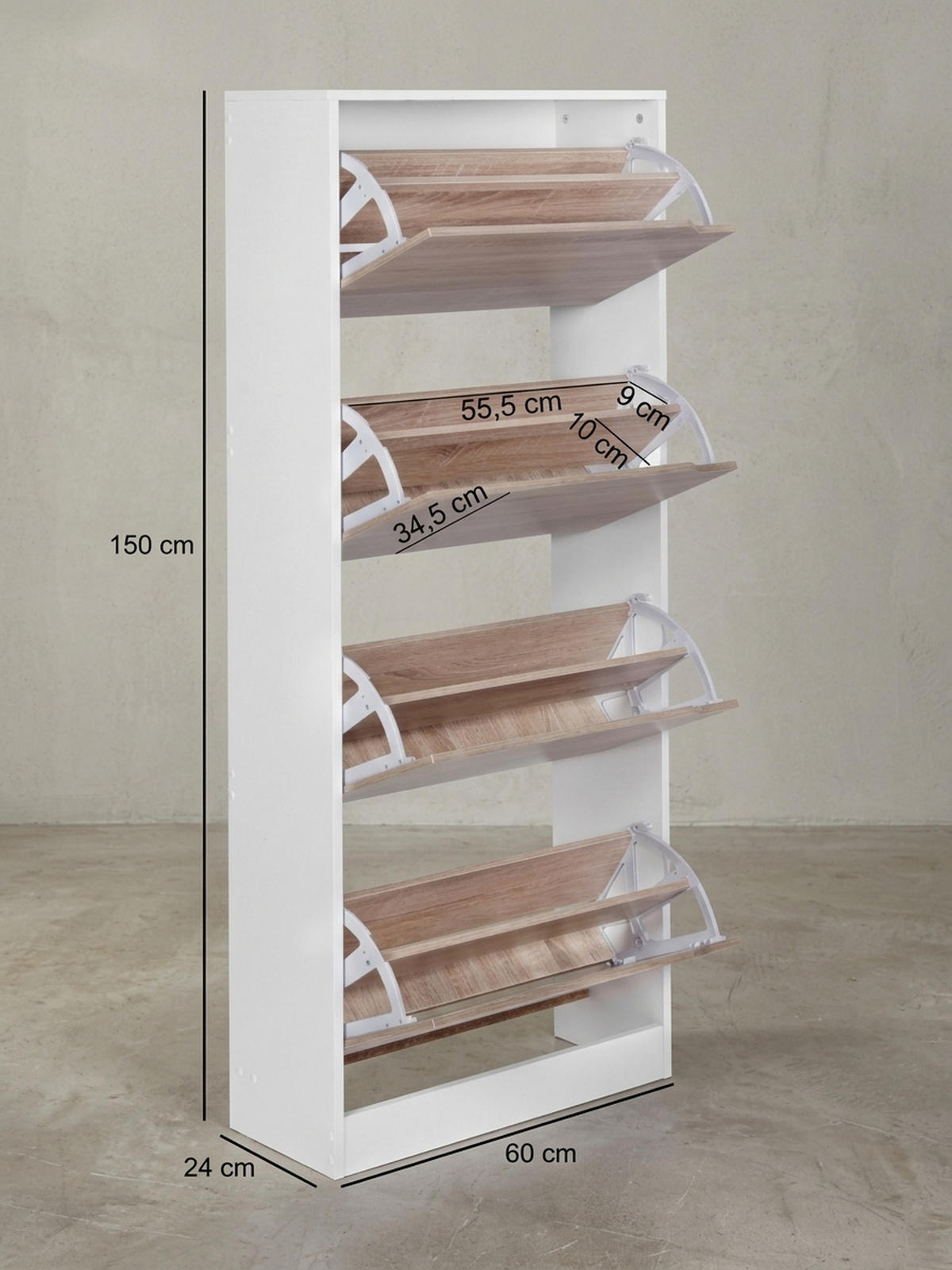 SCHUHSCHRANK – Weiß/Sonoma Eiche, 4 Fächer, für ca. 24 Paar Schuhe - Weiß, Holz (60/150/24cm) - KADIMA DESIGN