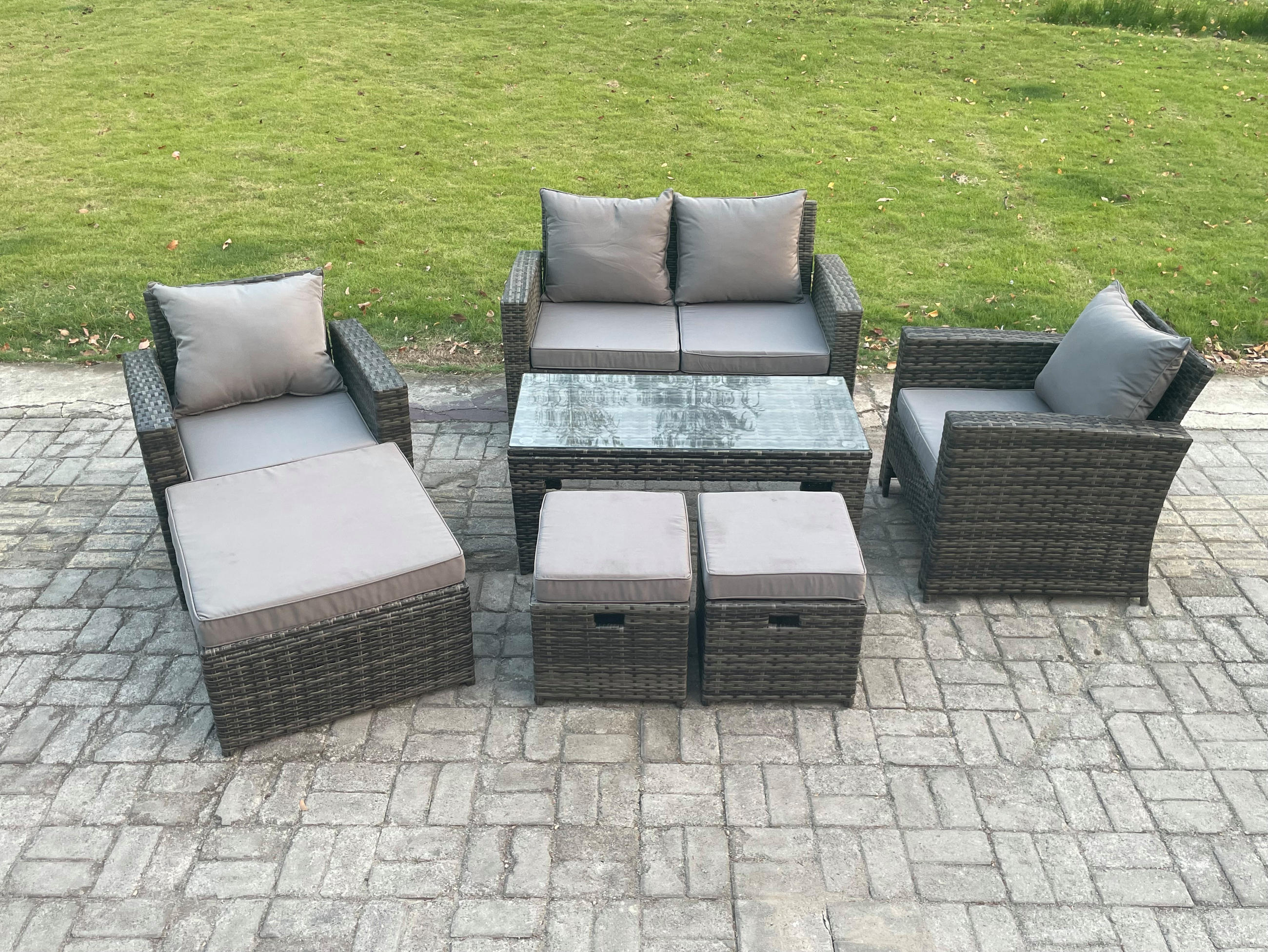 GARTEN SOFA SET mit 3 HOCKER Polyrattan Dunkelgrau 7-Sitzer - Dunkelgrau, Metall - Fimous