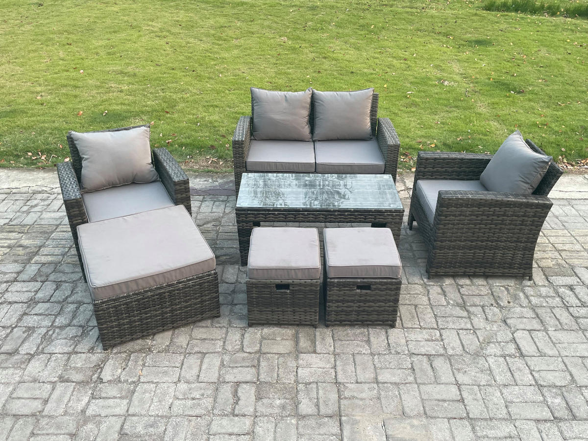 GARTEN SOFA SET mit 3 HOCKER Polyrattan Dunkelgrau 7-Sitzer - Dunkelgrau, Metall - Fimous
