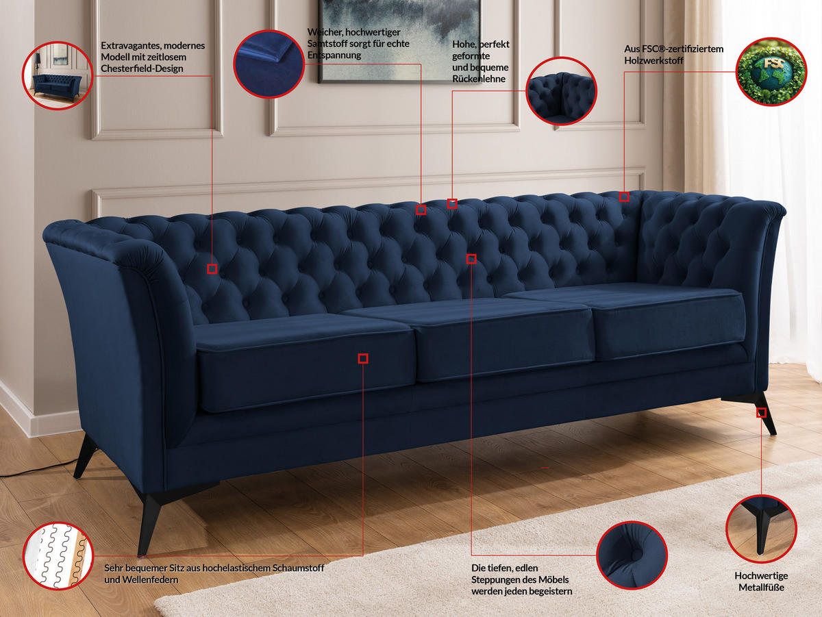 SITZGARNITUR 3+2 Chesterfield Whitby Marineblau Samt mit schwarzen Füßen - Blau/Schwarz, Holz/Textil (237/78/82cm) - S-Style Möbel