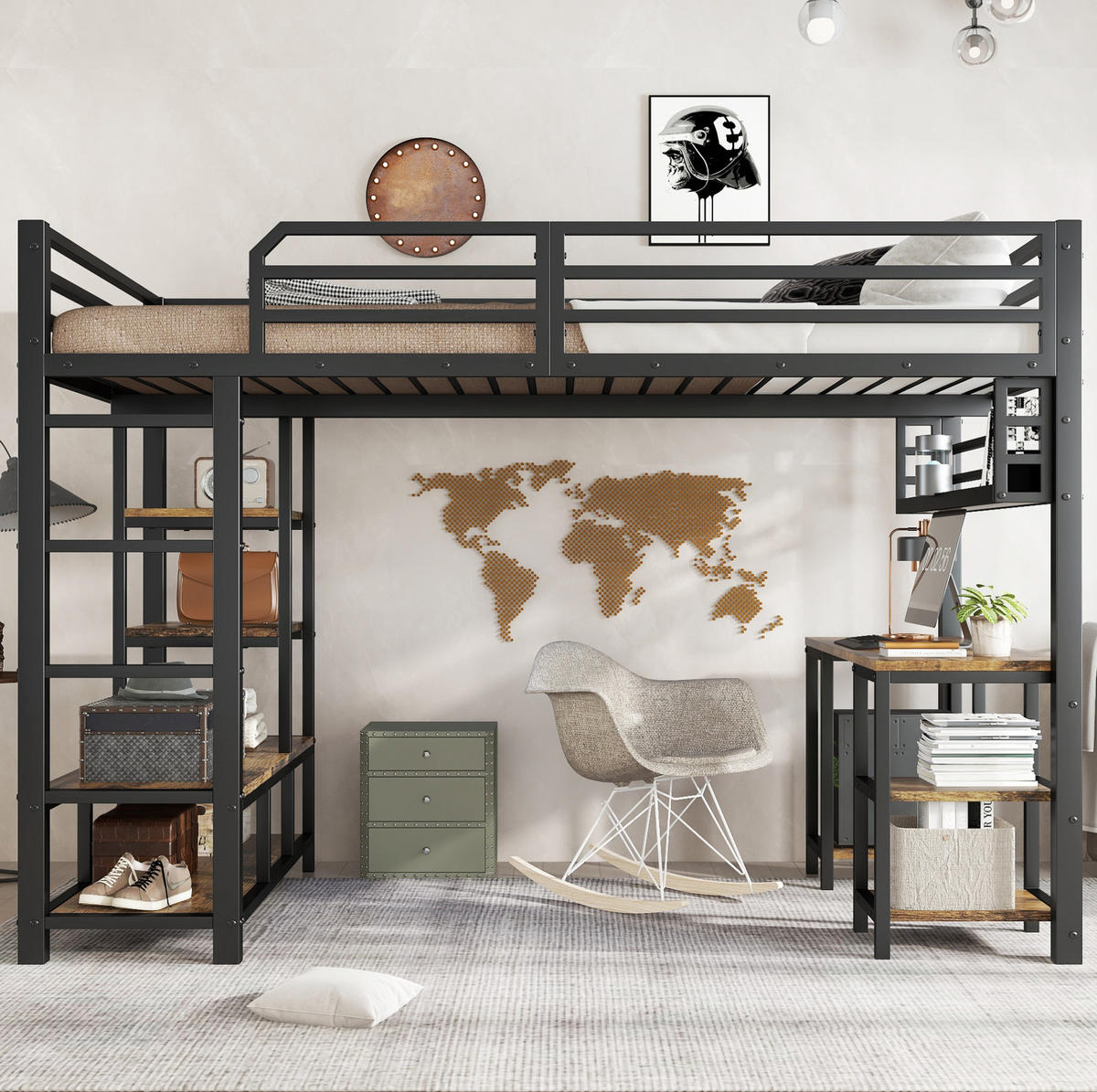 HOCHBETT aus Metall und Spanplatte 120x200 cm Schwarz/Dunkelnussbaum mit Schreibtisch und Ablagefläche - Schwarz, Metall (120/200cm) - IVMEU