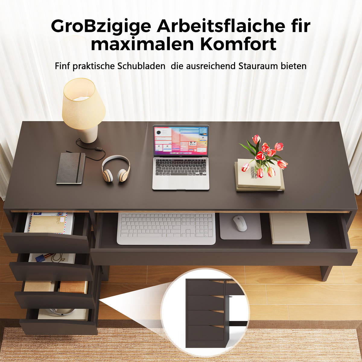 SCHREIBTISCH 140x50cm 5 Schubladen Grau Eiche - Grau, Holzwerkstoff (50/140/78cm) - FLIEKS