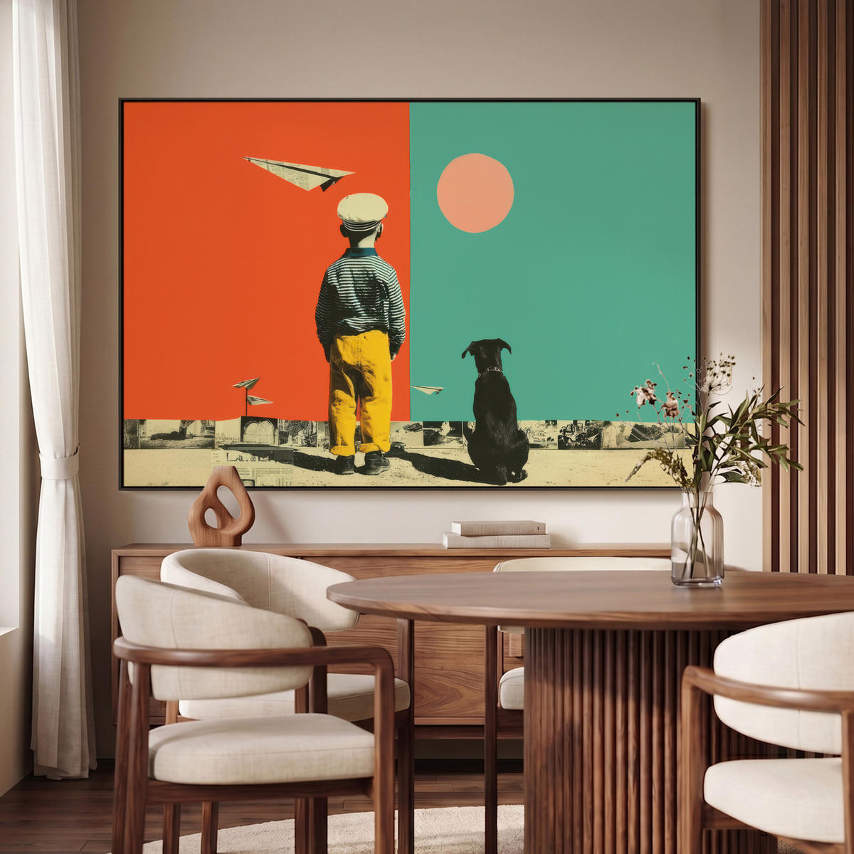 LEINWAND Bilder mit Rahmen - Retro - Junge - Hund - Rot - Grün - 120x80 - Orange, Textil (120/80cm) - MuchoWow