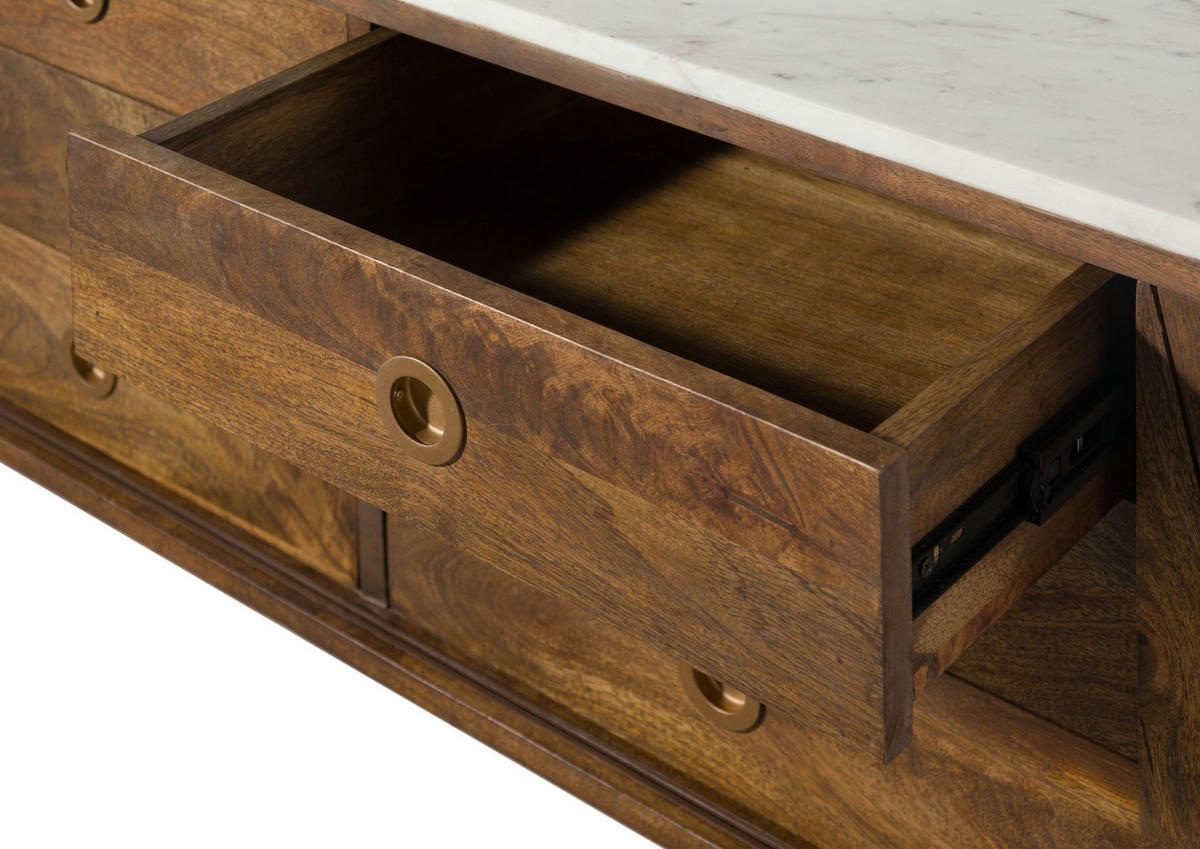 SIDEBOARD Mango 200x45x65 braun geölt / echter Marmor LOS ANGELES #13 - Braun, Holz (200/65/45cm) - Massivmoebel24
