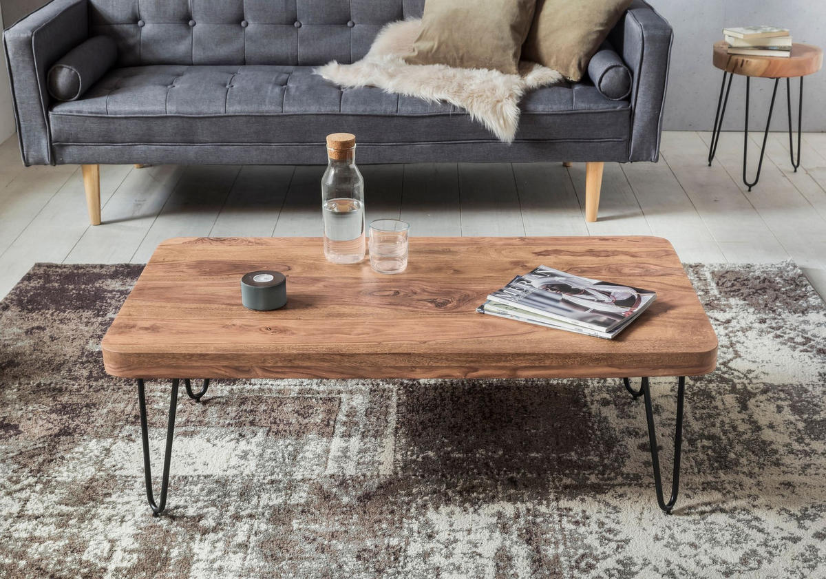 COUCHTISCH aus Massivholz mit Metallbeinen, handgefertigt, einzigartige Maserung, Beige 115x60x40 cm - Beige/Schwarz, Holz/Metall (60/115/40cm) - KADIMA DESIGN