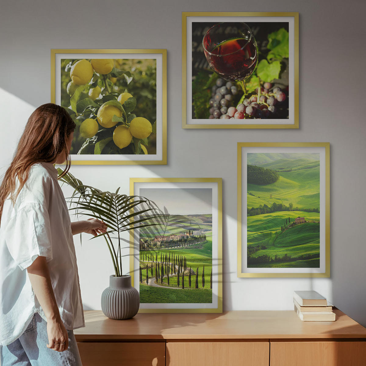 BILDER SET 4er Set - 50x50 cm & 40x60 cm Goldrahmen - Italienische Landschaften, Zitrushügel - Goldfarben, Kunststoff (50/50cm) - TULUP