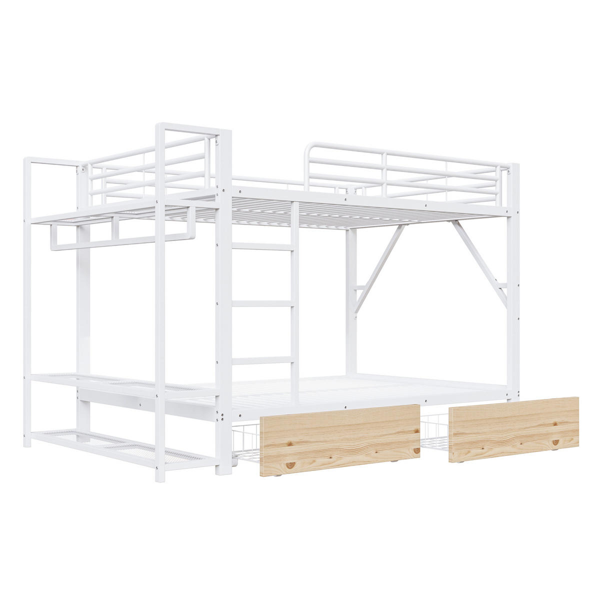 ETAGENBETT aus Metall und MDF 140x200 cm Weiß mit LED-Lichtleiste, 2 Schubladen, Regalen und Kleiderstange - Weiß, Metall (140/200cm) - Modfu