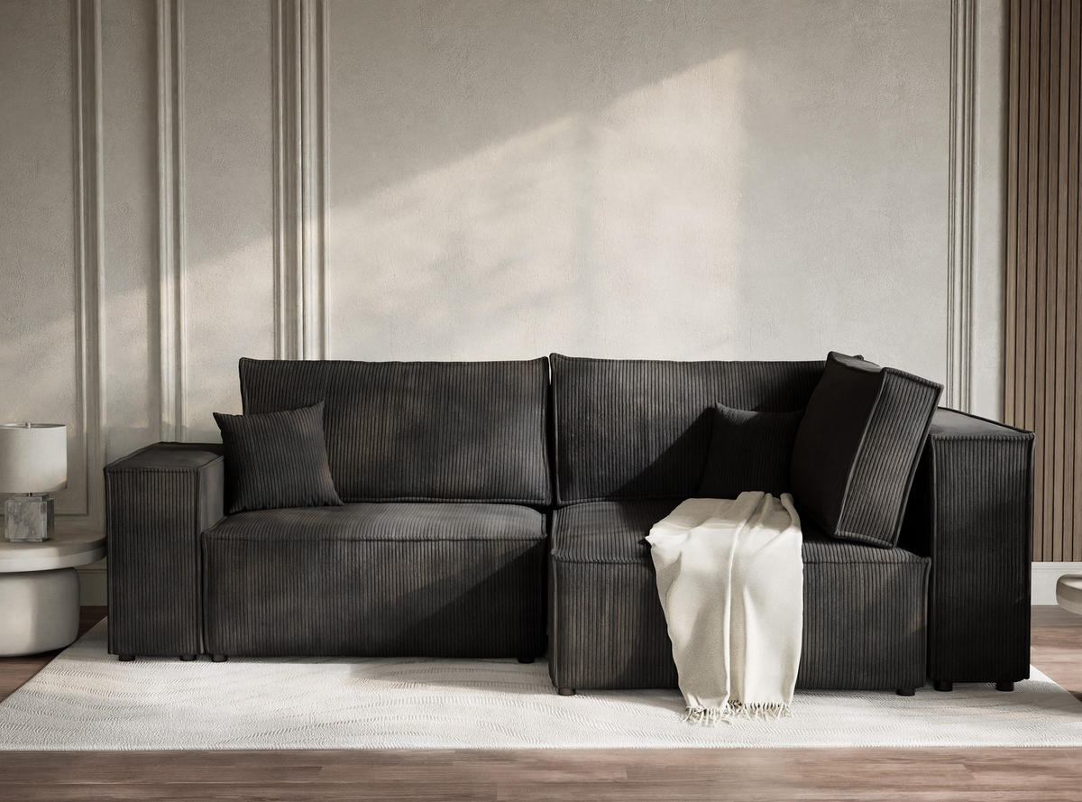 ECKSOFA MIT SCHLAFFUNKTION Tonga Anthrazit Samtstoff - Anthrazit/Schwarz, Holz/Holzwerkstoff (255/105cm) - Maison de Reve