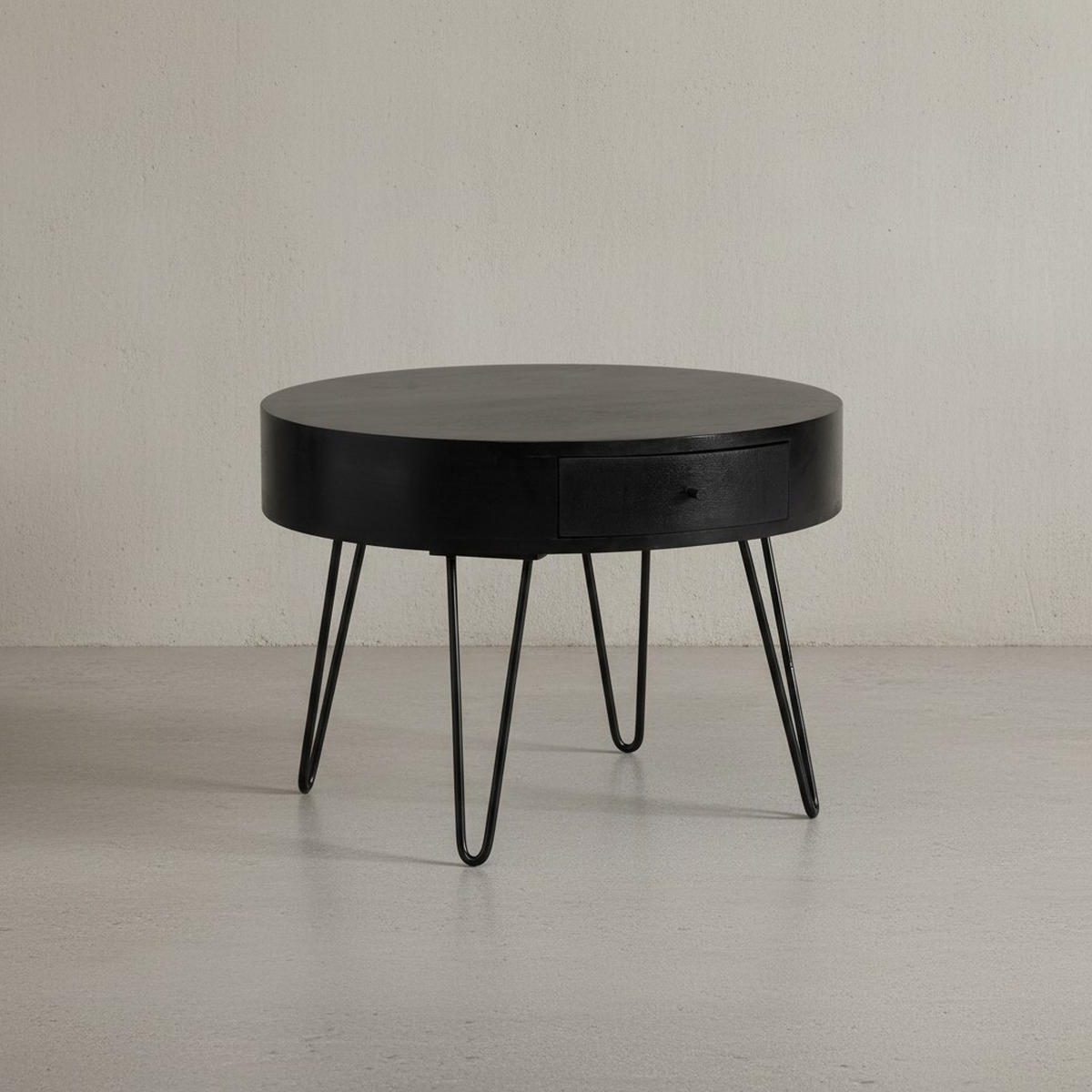 COUCHTISCH Rund Mango Massivholz Metall, 60x60x43 cm, mit Schublade, Stauraum und Haarnadelbeinen - Schwarz, Holz/Metall (60/60/43cm) - KADIMA DESIGN
