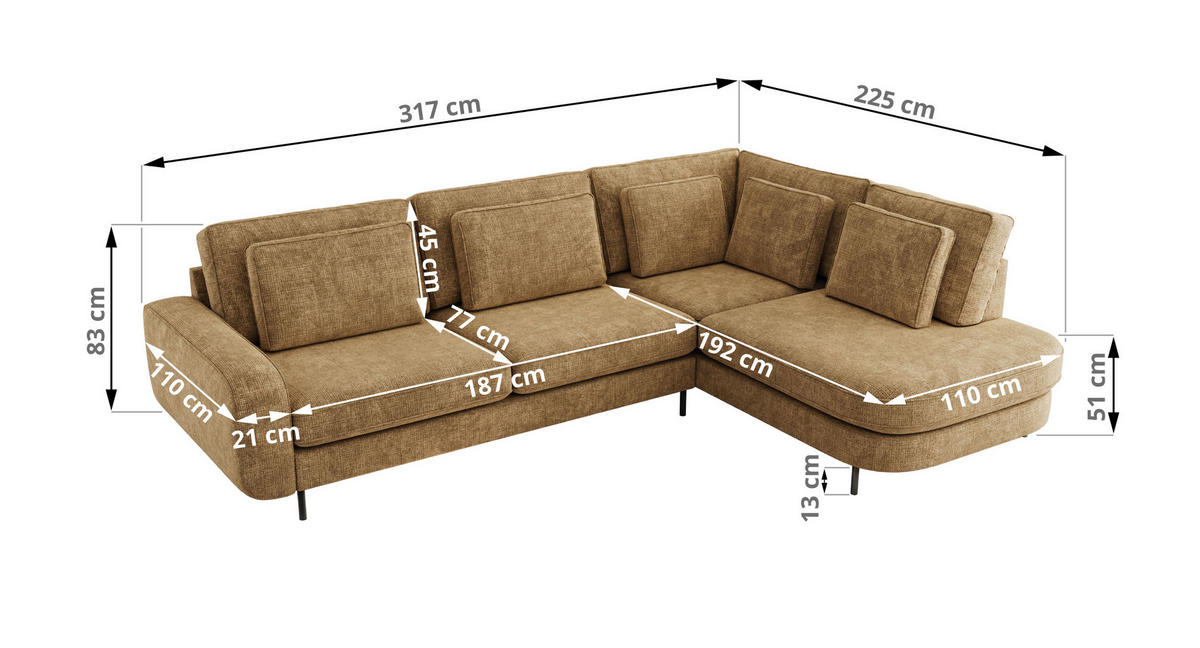 ROHOVÁ SEDAČKA CALENO L - Světle hnědá hladký senil - Levá Strana - černá/světle hnědá, kov/textil (317/225cm) - MKS