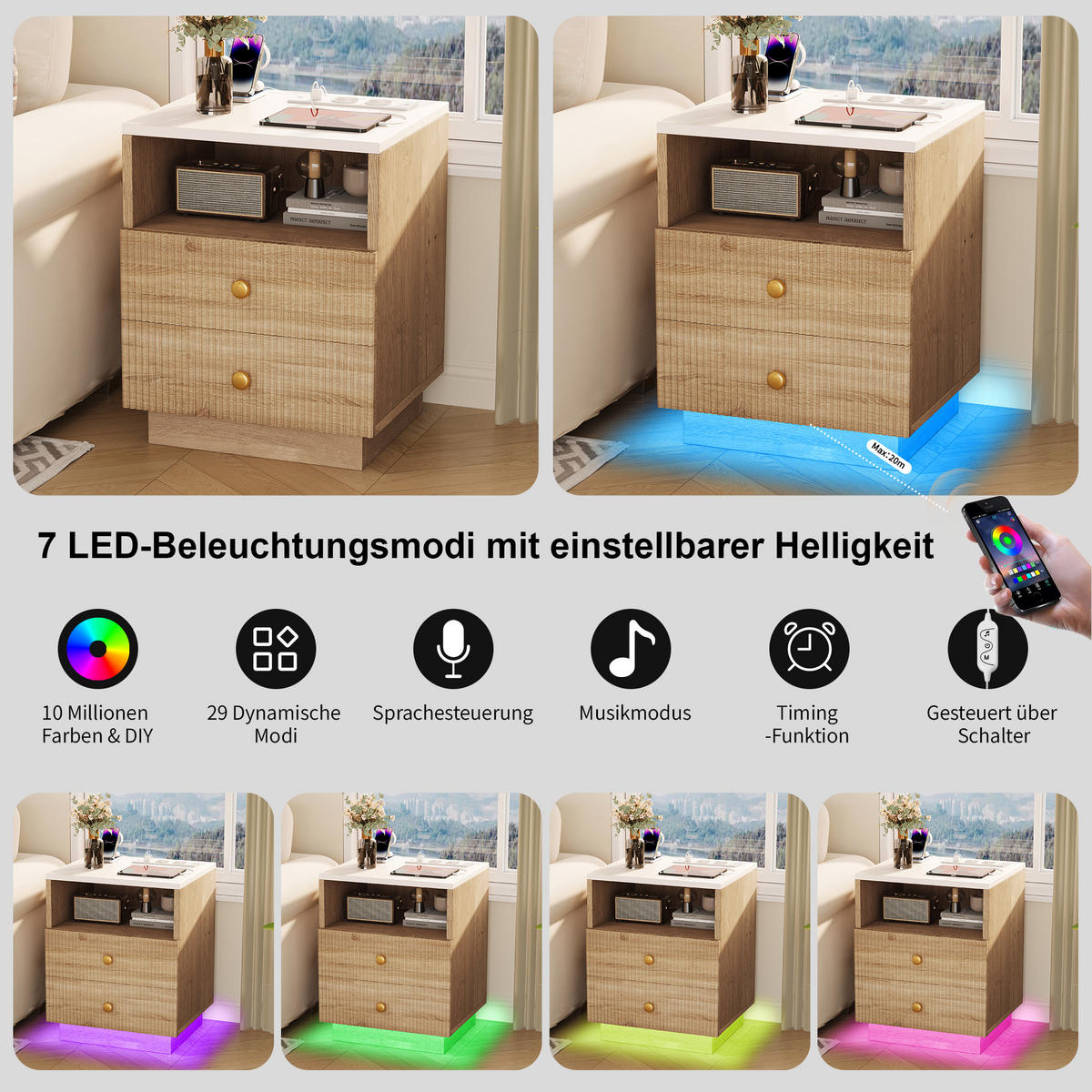 NACHTTISCH Eichenoptik mit LED-Licht & Ladefunktion (2er Set) - Eichefarben, Holzwerkstoff (38/55/44cm) - SHOPENTRA
