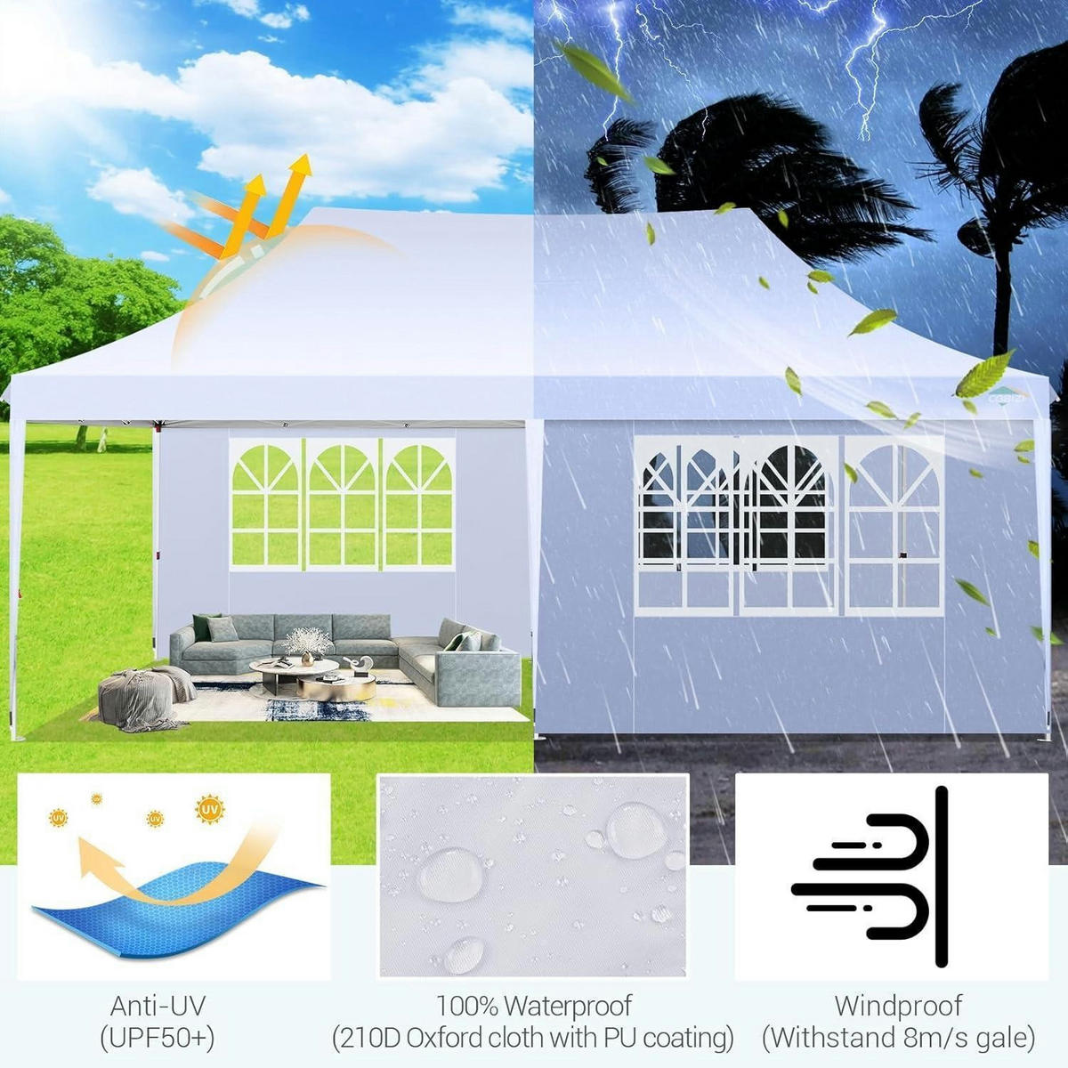 FALTPAVILLON 3x6m Weiß mit 6 Seitenteilen Wasserdicht UV-Schutz - Weiß, Textil (300/297/600cm)