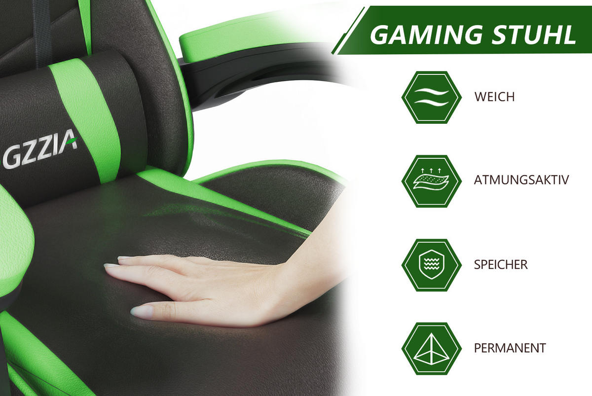 GAMING-STUHL ergonomisch, verstellbare Rückenlehne, Kissen – Grün - Grün, Leder (59/120/56cm) - Rattantree