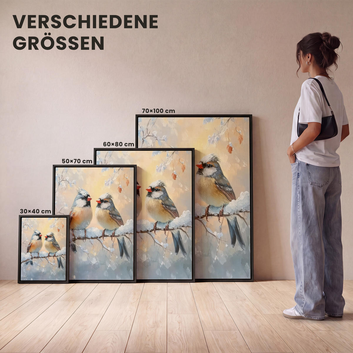 LEINWAND Bilder mit Rahmen - Vögel - Zweig - Winter - Schnee - 70x100 - Pastellblau, Textil (70/100cm) - MuchoWow