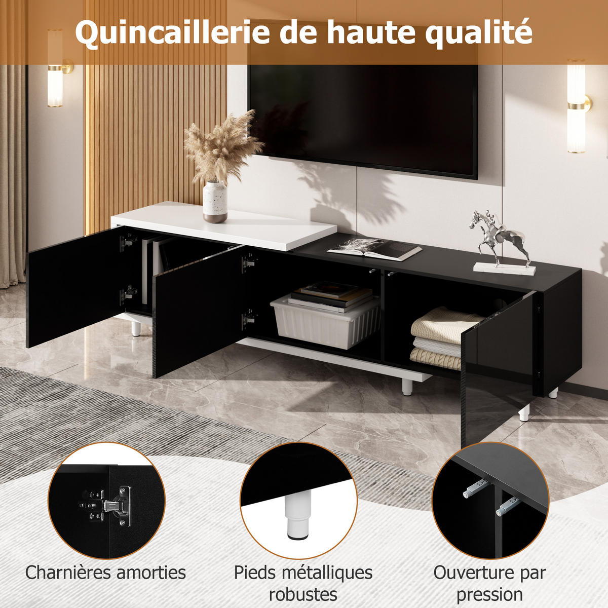 TV-SCHRANK Schwarz/Weiß 258/38/48,5 cm, Ausziehbar, 3 Hochglanz-Türen, Metallfüße - Schwarz, Holzwerkstoff (258/48.5/38cm) - PANGIVO