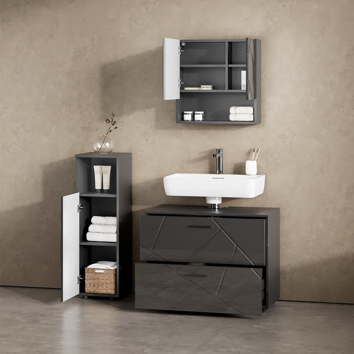 BADMÖBEL-SET Ronco Anthrazit Hochglanz 3 Teile, mit Midischrank - Anthrazit, Holzwerkstoff (80/58/41cm) - Livinity®