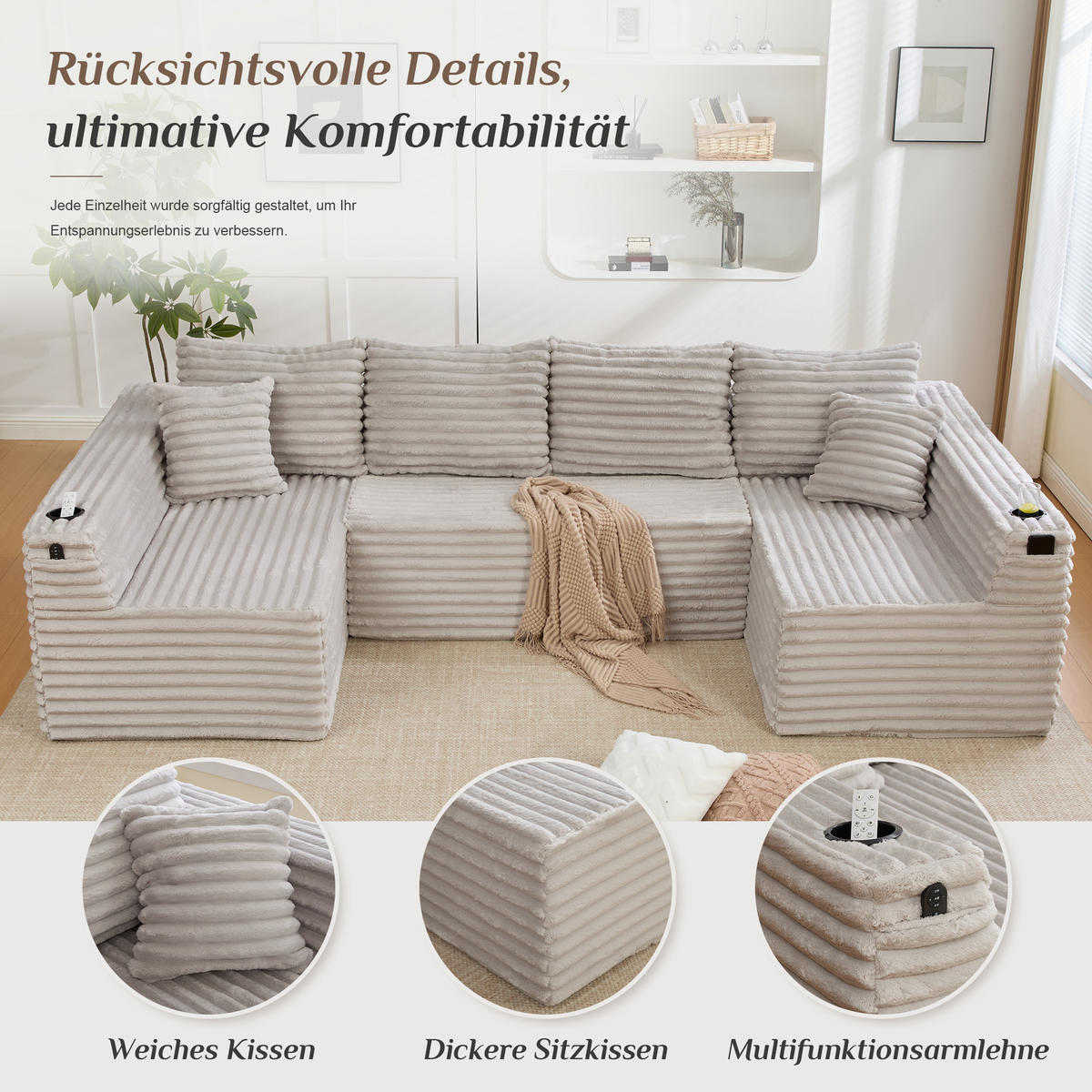 WOHNLANDSCHAFT 320/155/88 cm Hellgrau mit Getränkehalter und Seitentasche - Hellgrau, Textil (320/88/155cm) - Oxeza