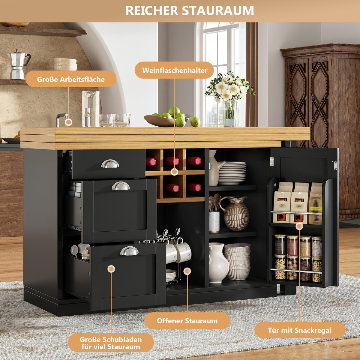 BARTISCH Ausziehbar Stauraum Weinregal Schublade Schwarz - Schwarz, Holzwerkstoff (120/74/40cm) - FLIEKS