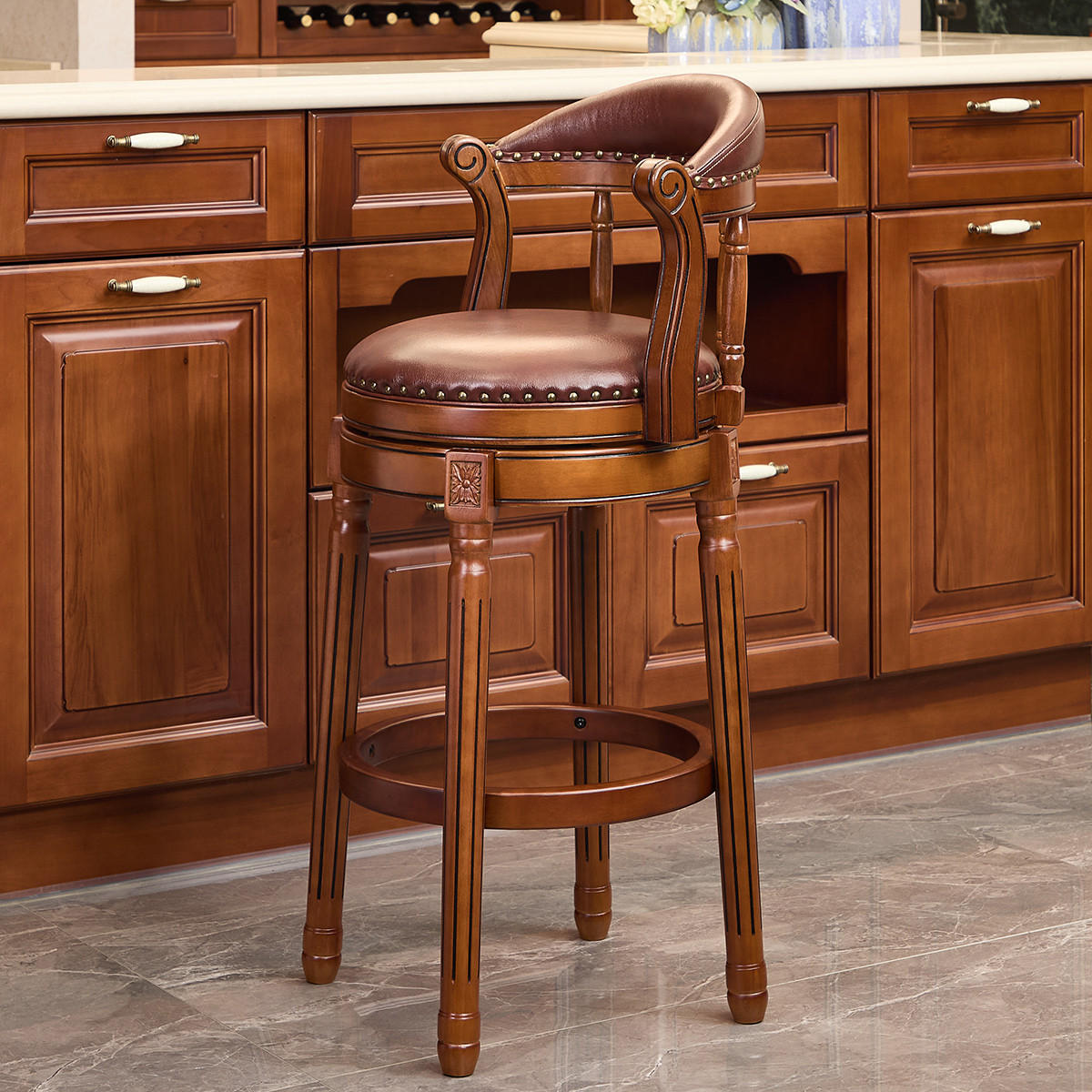 BARHOCKER DE-36417 mit 360°-Drehung und Echtlederbezug Braun - Braun, Holz (54.8/96/54.8cm) - ComfortXL