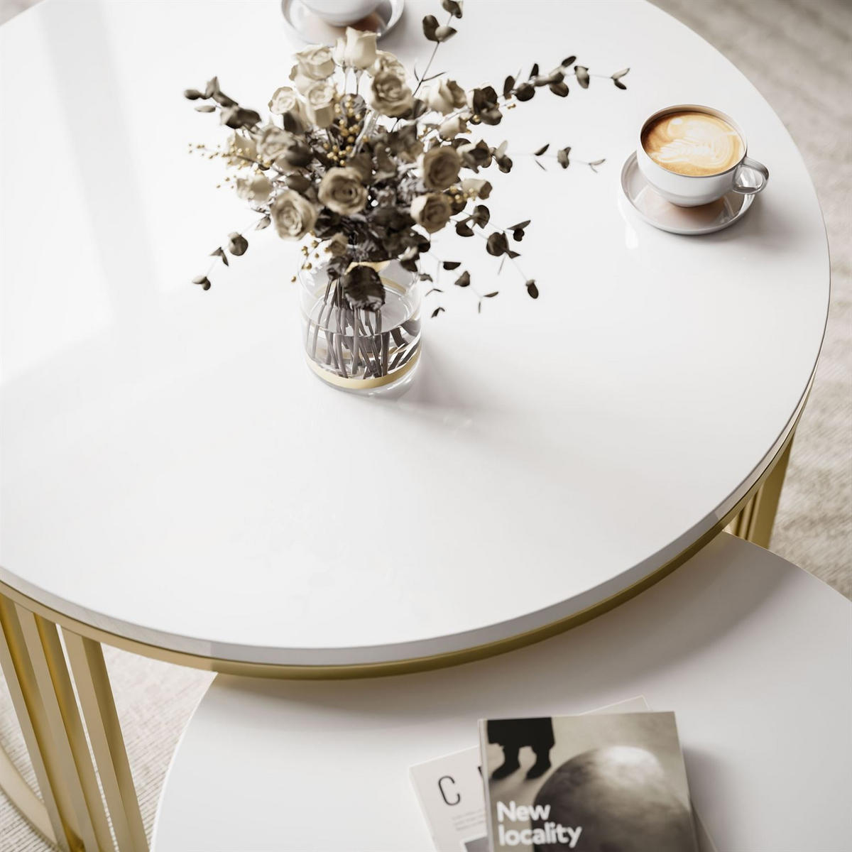 COUCHTISCH 2in1 LORI Hochglanz Gold gebürstet, gebürstetes Gold / weißer Glanz - Weiß, Metall (70/70/49cm) - Lookway