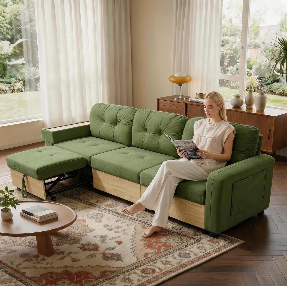 ECKSOFA 228/80/78 cm aus Samt mit ausziehbarer Ottomane und USB-Anschluss Grün - Grün, Textil (80/228cm) - Modenvie