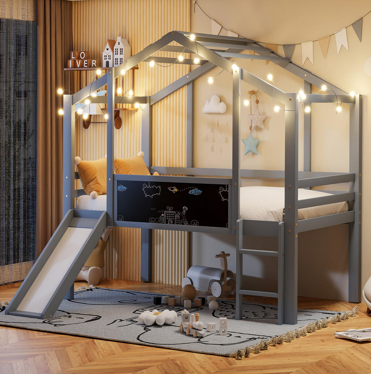 KINDERBETT 90/200 cm in Grau – Hochbett in Hausform mit Rutsche und Leiter - Grau, Holz (90/200cm) - BEAOK