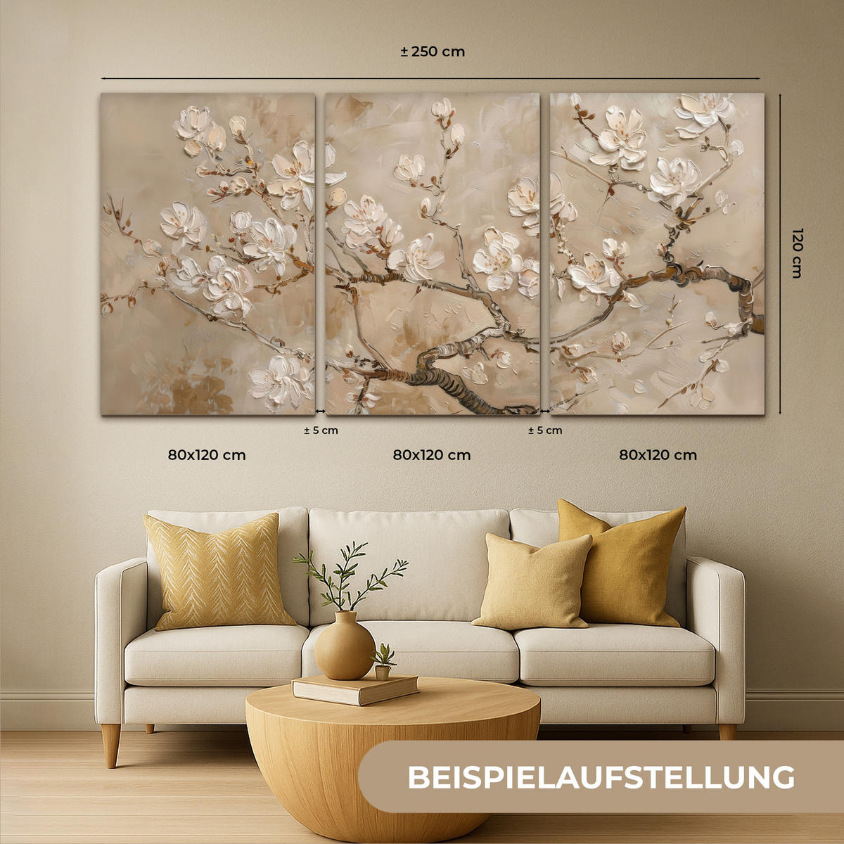 OBRAZ NA PLÁTNĚ 3dílná sada Béžová - Blossom - Moderní 240x120 cm - béžová, textil (240/120cm) - MuchoWow