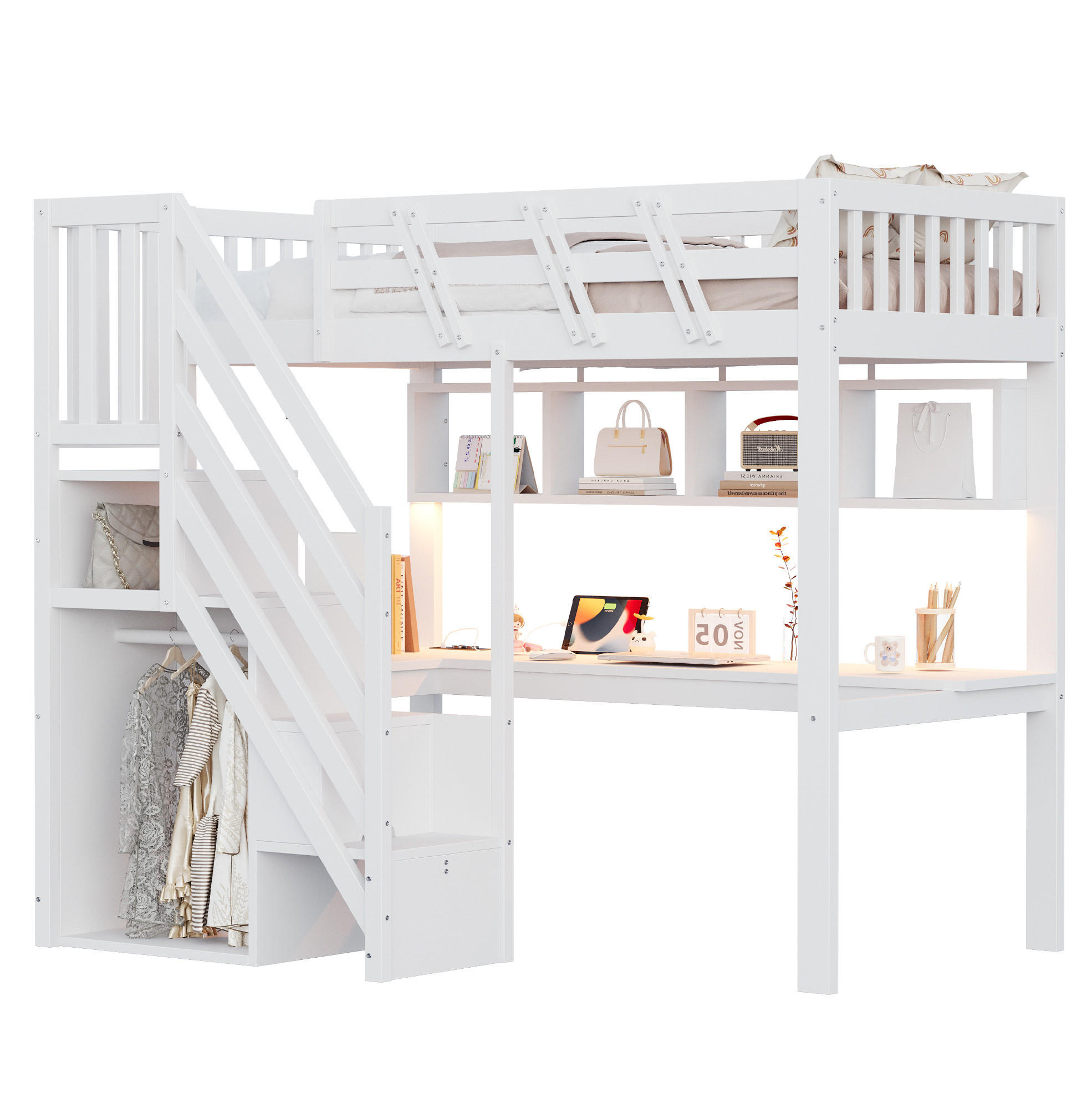 HOCHBETT Holz 90x200 cm Weiß mit Schreibtisch, Stauraumtreppe, LED und Steckdosen - Weiß, Holz (90/200cm) - Modfu