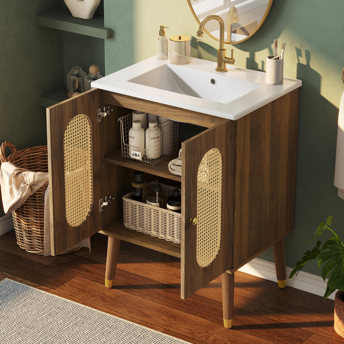 BADEZIMMERSCHRANK Rattan Türen Keramik Waschbecken Stauraum 61cm - Walnussfarben, Keramik (61/89/47cm) - FLIEKS