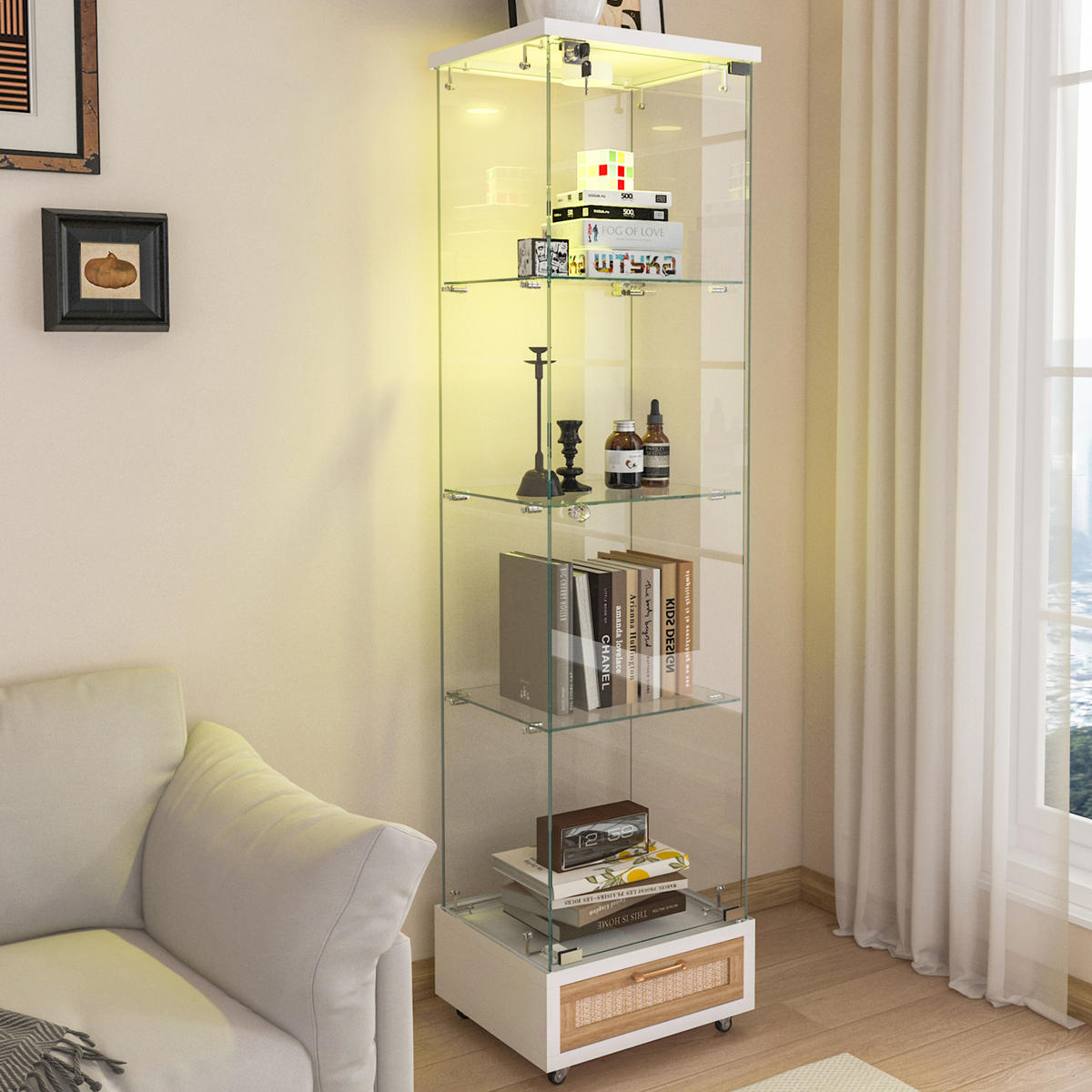 VITRINE in Weiß Glasvitrine mit Schubladen und LED-Beleuchtung für Wohn- und Schlafzimmer, B42.5/T36.5/H167cm - Weiß, Glas/Holzwerkstoff (42.5/167/36.5cm) - STILVORA