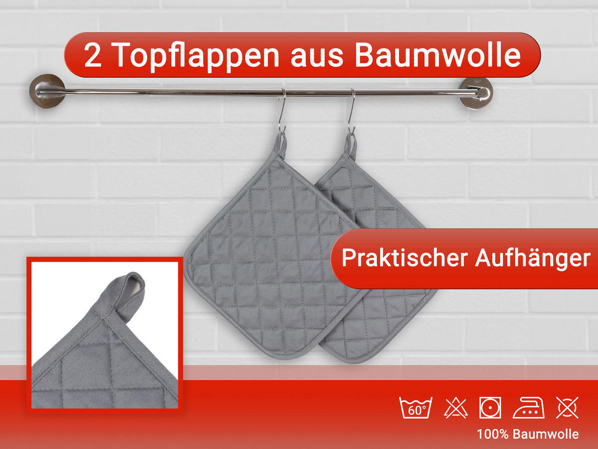 TOPFLAPPEN, 2er-Set, 24x24 cm, 100% Baumwolle, Grau - Grau, Textil (24/24cm) - Zollner