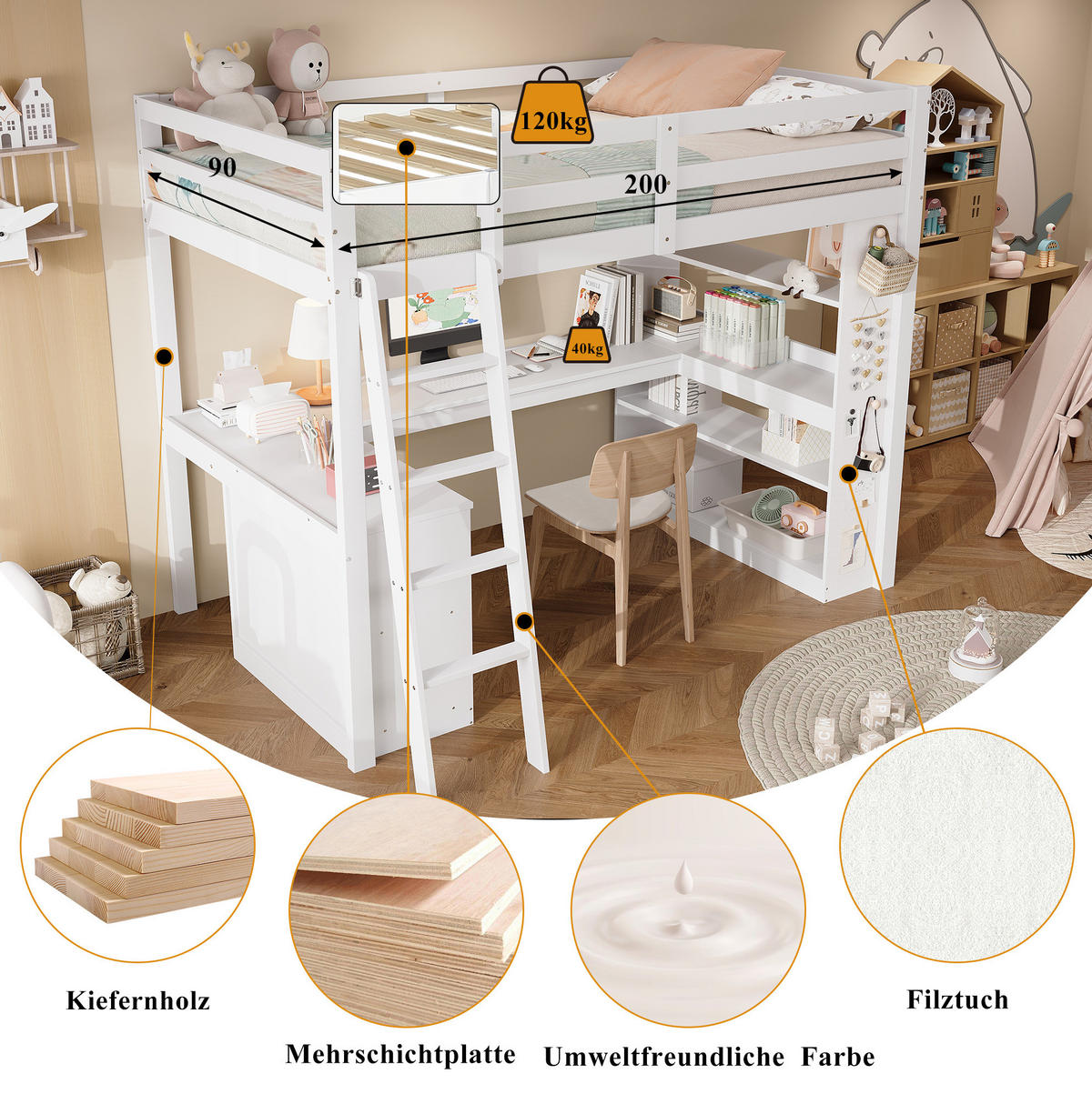 HOCHBETT 90/200 cm weiß aus Kiefer mit Ablageregal und Filztuch - Weiß, Holz (90/200cm) - OKWISH