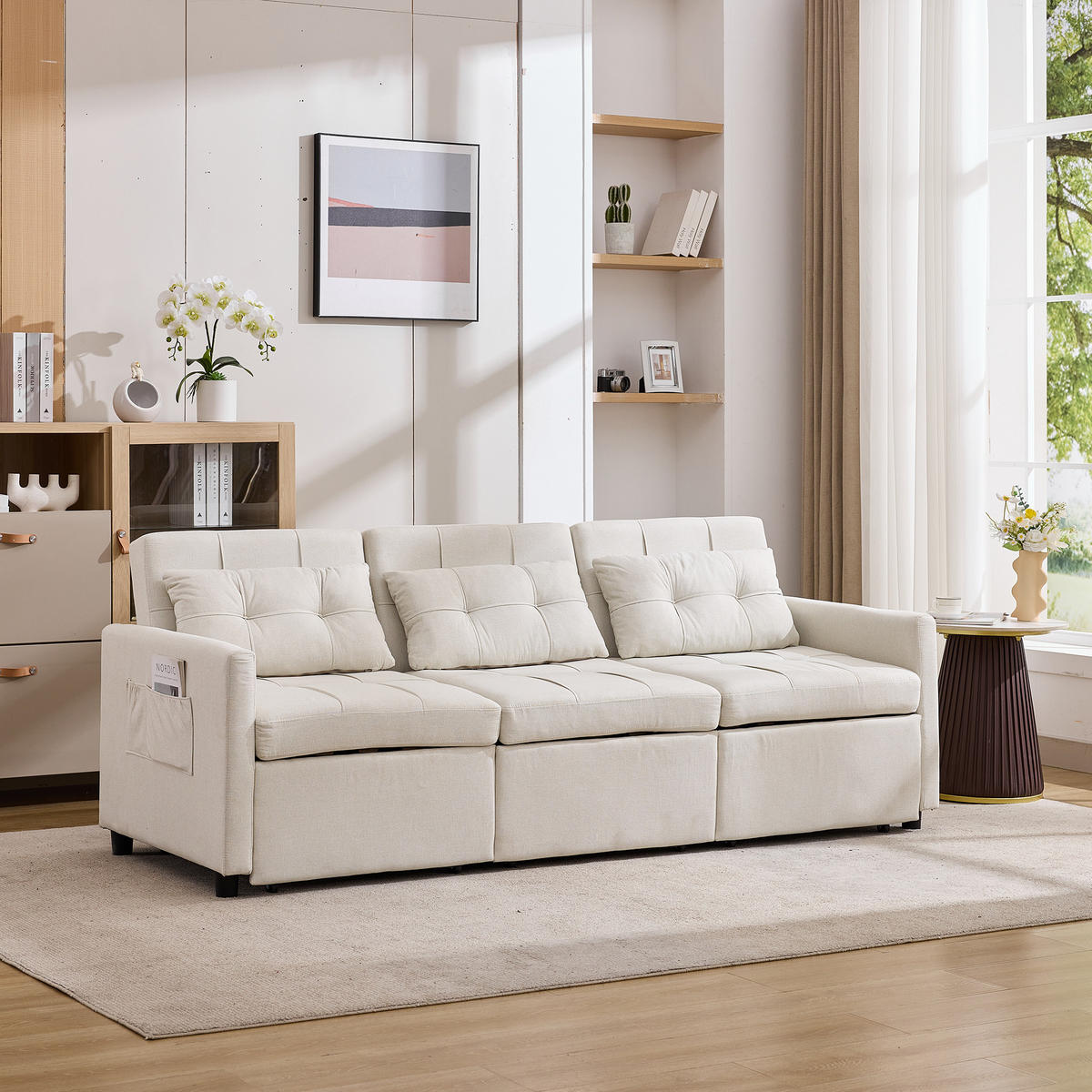 ECKSCHLAFSOFA 3-Sitzer Stoff mit verstellbarer Rückenlehne bis 180 Grad Beige 200/87/84,5 cm - Beige, Textil (87/200cm) - Redom