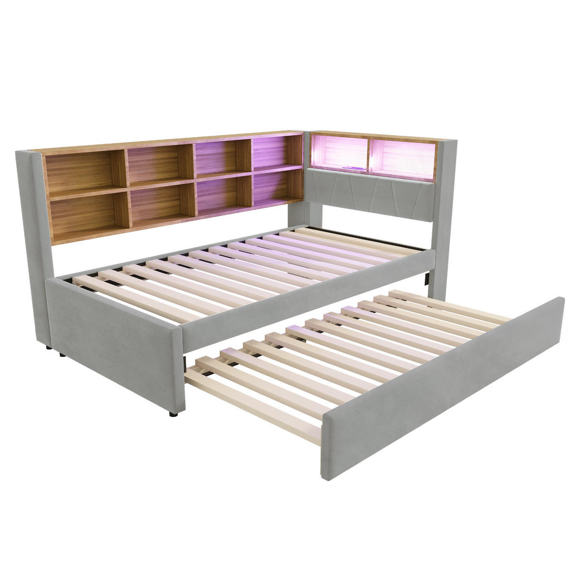 POLSTERBETT aus Flanell 90x200 cm Hellgrau mit Ausziehbett, LED, USB-C, Steckdose und Stauraum - Hellgrau, Textil (90/200cm) - Modfu